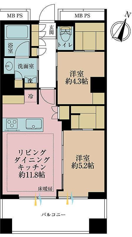 2LDK、専有面積56.63?、バルコニー面積11.5?