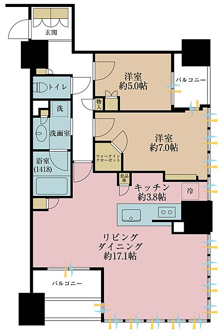 2LDK、専有面積74.59m2、バルコニー面積8.81m2