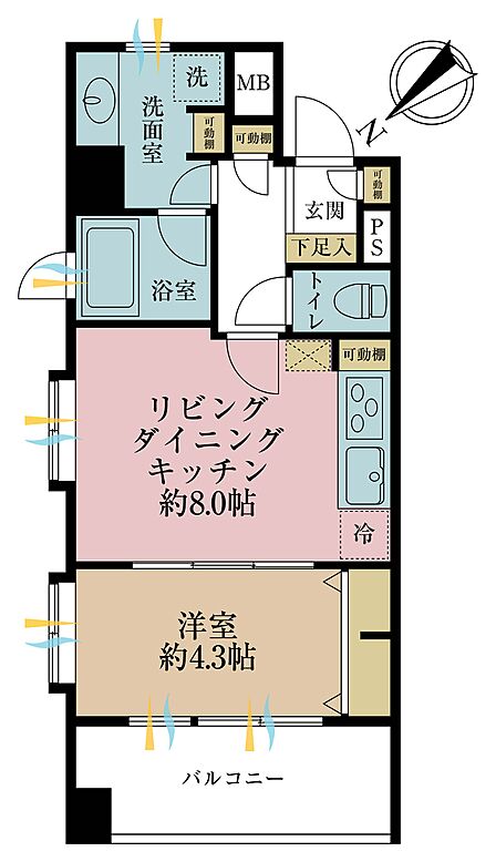 1LDK、専有面積37.2m2、バルコニー面積6.6m2