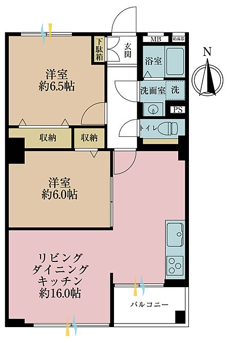 2LDK、専有面積58.89m2、バルコニー面積3.48m2
