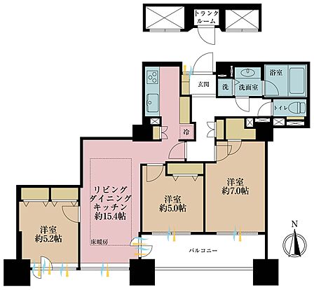 3LDK、専有面積75.9m2、バルコニー面積8.4m2