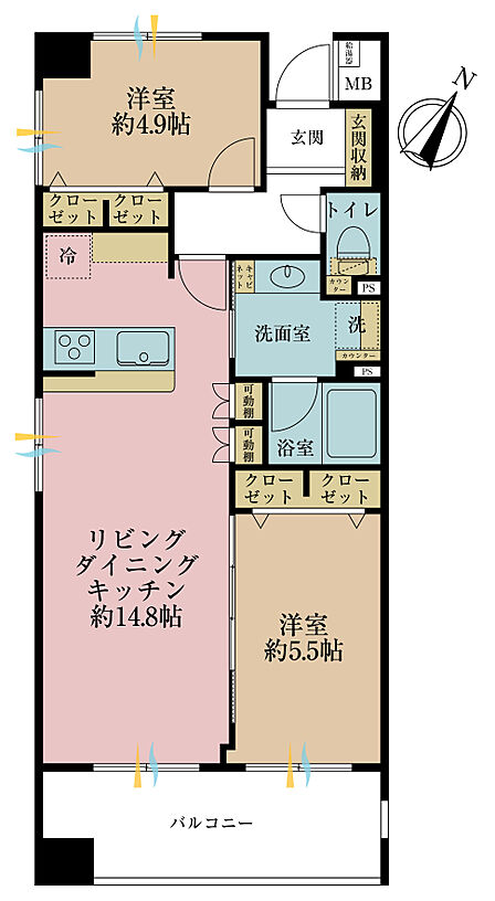 2LDK、専有面積57.91m2、バルコニー面積11.48m2