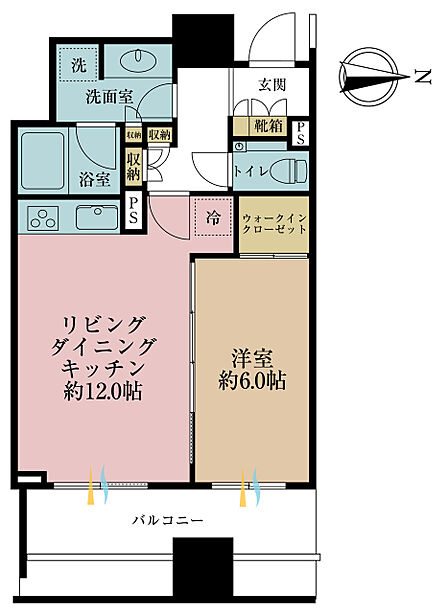 1LDK、専有面積44.99m2、バルコニー面積10.4m2