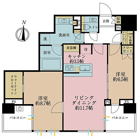 2LDK、専有面積75.34m2、バルコニー面積9.93m2