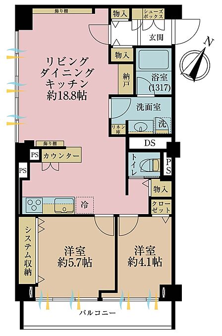 2LDK、専有面積61.88m2、バルコニー面積6.51m2