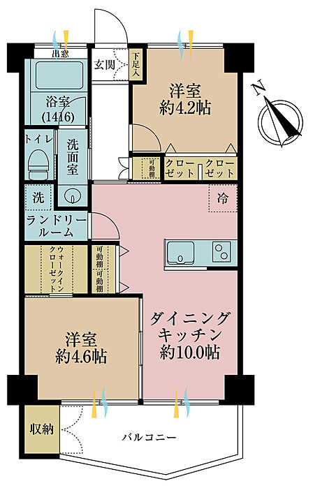 2LDK、専有面積48.15m2、バルコニー面積7.04m2