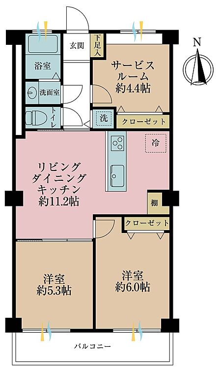2LDK+S(納戸)、専有面積56.18m2、バルコニー面積5.96m2