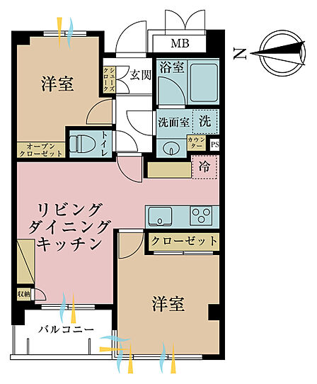 2LDK、専有面積45.45m2、バルコニー面積3.64m2