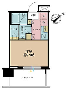 間取り：1K、専有面積25.13m2、バルコニー面積7.6m2