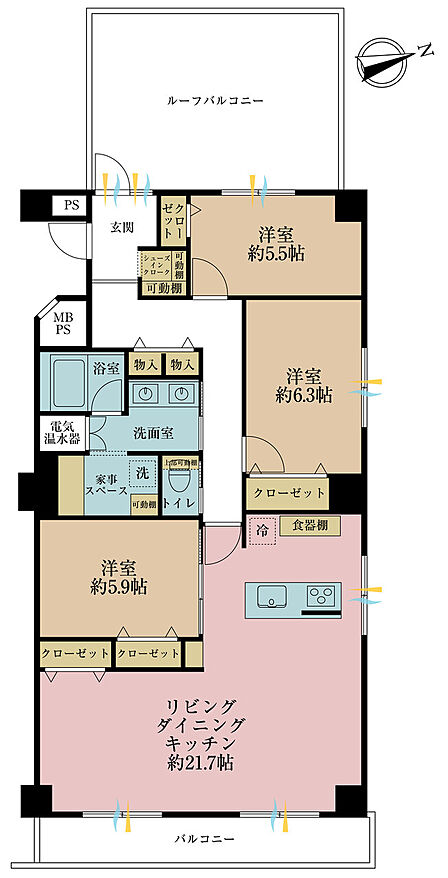 3LDK、専有面積94.72m2、バルコニー面積11.8m2
