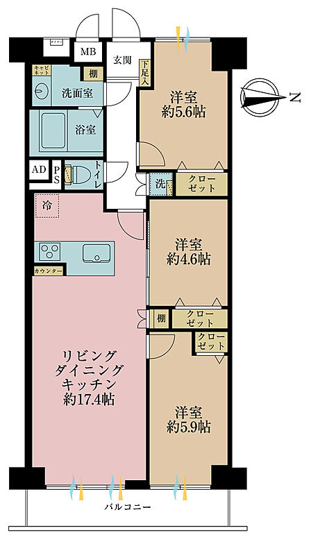 3LDK、専有面積74.24m2、バルコニー面積6.96m2