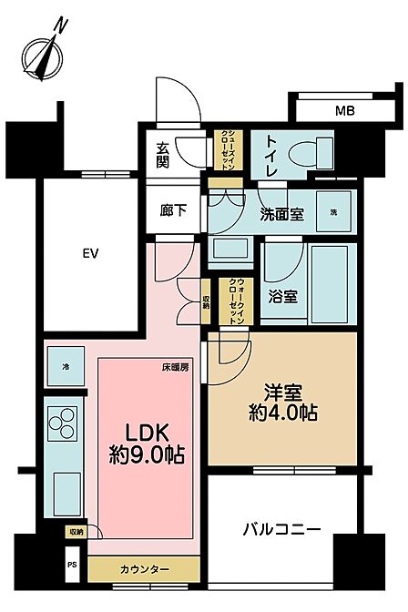 1LDK、専有面積34.51m2、バルコニー面積5.13m2
