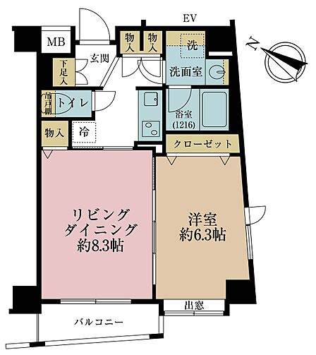 1LDK、専有面積40.83m2、バルコニー面積3.62m2