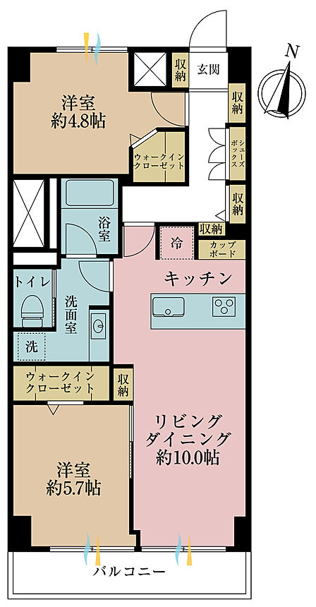 2LDK、専有面積53m2、バルコニー面積5m2