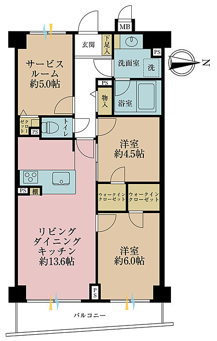 2LDK+S(納戸)、専有面積66.3m2、バルコニー面積6.8m2