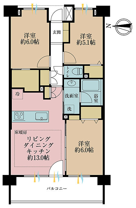 3LDK、専有面積70.21m2、バルコニー面積10.7m2