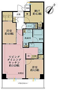 間取り:2LDK+S(納戸)、専有面積62.1m2、バルコニー面積8.64m2 間取り:2LDK+S(納戸)、専有面積62.1m2、バルコニー面積8.64m2