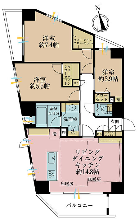 3LDK、専有面積74.27m2、バルコニー面積9.66m2