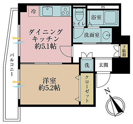 1DK、専有面積31.9m2、バルコニー面積6.65m2