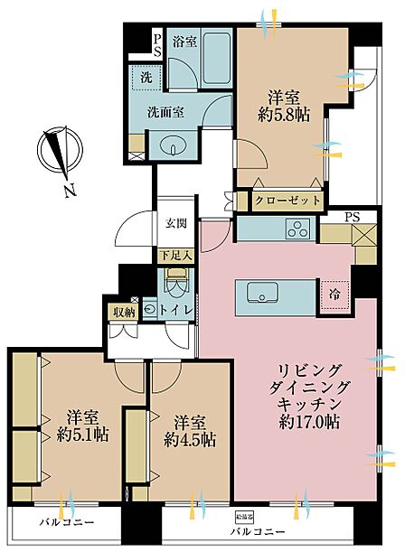 3LDK、専有面積79.37m2、バルコニー面積4.58m2