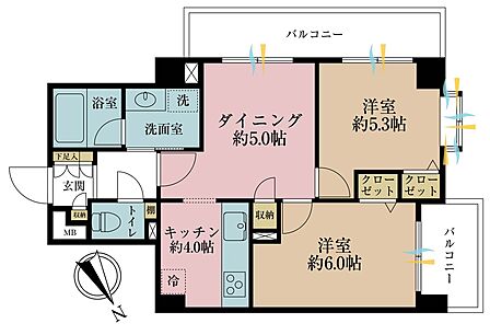2DK、専有面積48.58m2