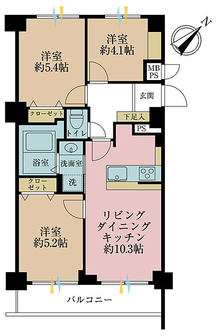 3LDK、専有面積55m2、バルコニー面積7.15m2