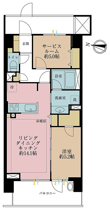 1LDK+S(納戸)、専有面積57.47m2、バルコニー面積9.45m2