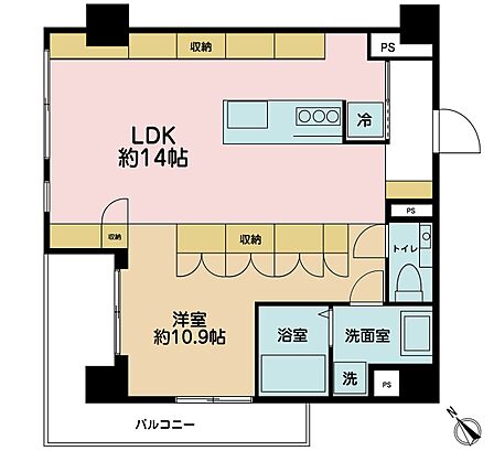 1LDK、専有面積55.57m2、バルコニー面積5.33m2
