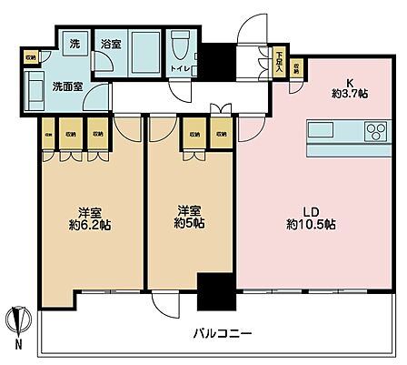 2LDK、専有面積60.76m2、バルコニー面積16.94m2