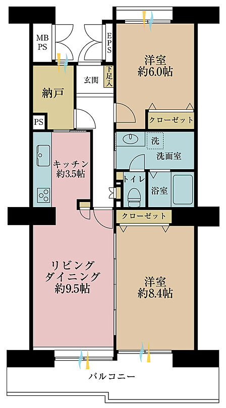 2LDK+S（納戸）、専有面積68.64m2、バルコニー面積10.14m2
