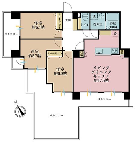 3LDK、専有面積78.36m2、バルコニー面積43.82m2