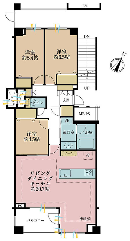 3LDK、専有面積83.29m2、バルコニー面積6.8m2