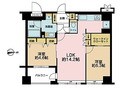 2LDK、専有面積61.87m2、バルコニー面積5.58m2