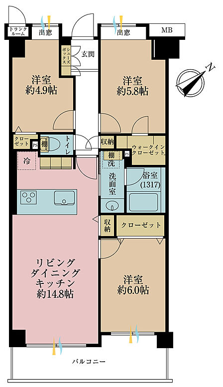 3LDK、専有面積70.03m2、バルコニー面積8.67m2