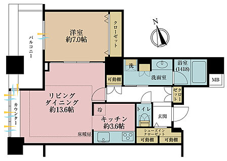 1LDK、専有面積61.51m2、バルコニー面積7.01m2