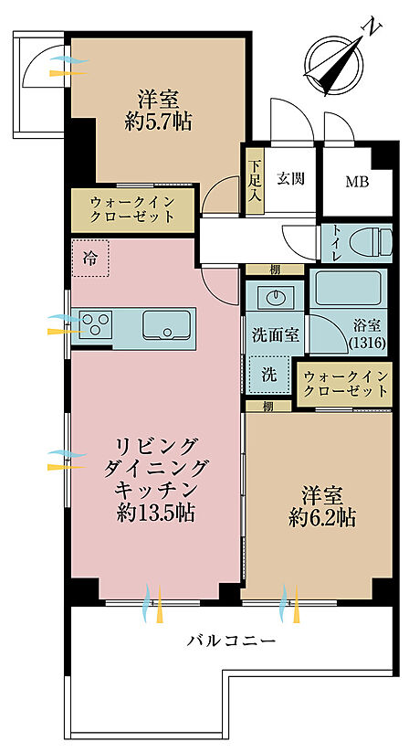 2LDK、専有面積57.76m2