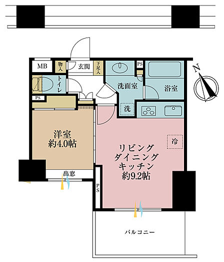 1LDK、専有面積33.81m2、バルコニー面積6.92m2