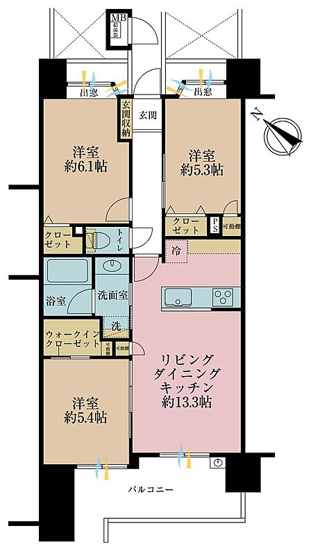 3LDK、専有面積66.27m2、バルコニー面積12.04m2