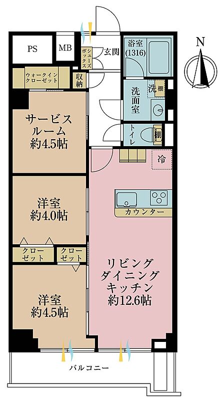2LDK+S(納戸)、専有面積61.02m2、バルコニー面積7.12m2