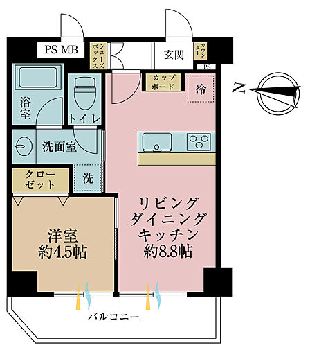 1LDK、専有面積34.32m2、バルコニー面積5.83m2