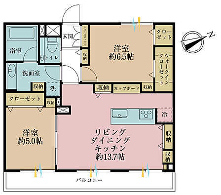2LDK、専有面積57.51m2、バルコニー面積6.48m2