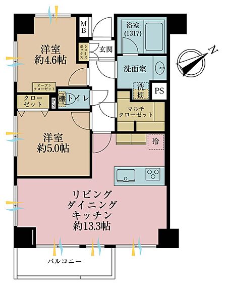 2LDK、専有面積55.74m2、バルコニー面積4.68m2