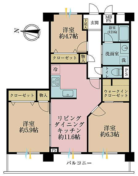 3LDK、専有面積67.37m2