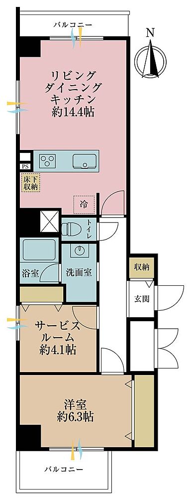 1LDK+S(納戸)、専有面積58.99m2、バルコニー面積7.56m2
