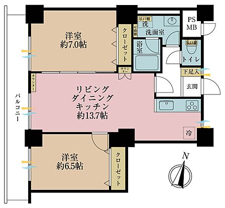 2LDK、専有面積60.26m2、バルコニー面積10.61m2