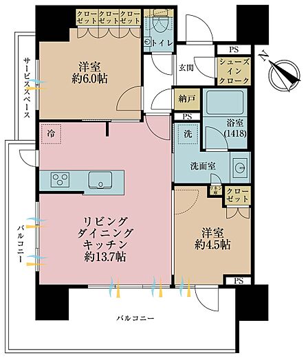 2LDK+S(納戸)、専有面積57m2、バルコニー面積19.21m2