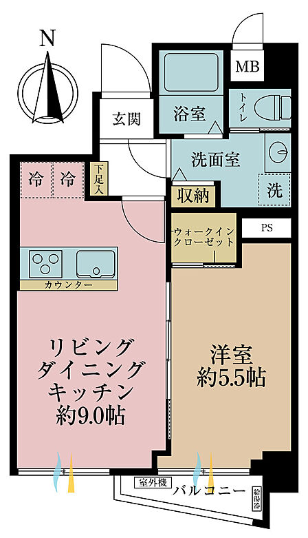 1LDK、専有面積39.59m2、バルコニー面積2.85m2
