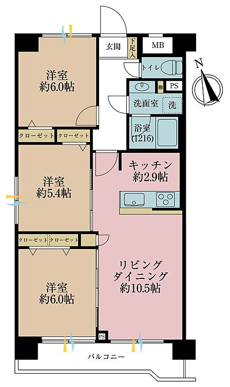 3LDK、専有面積66.36m2、バルコニー面積6.62m2