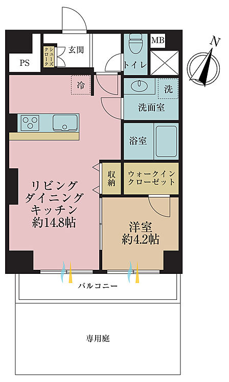 1LDK、専有面積45.9m2、バルコニー面積7.56m2