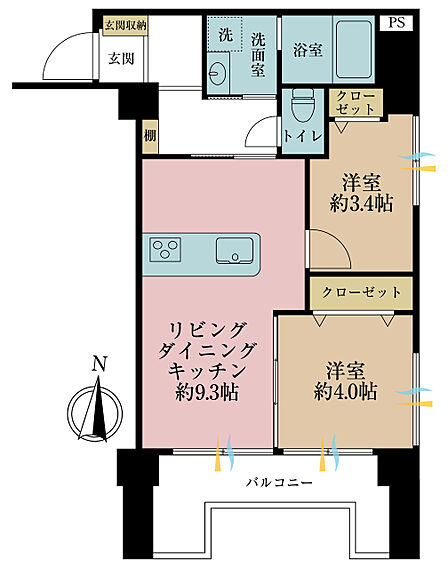 2LDK、専有面積42.51m2、バルコニー面積6.42m2